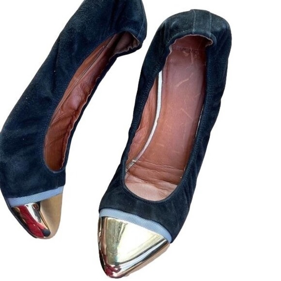 Givenchy Ballet Flats Pointed Cap Toe Gold Slip On Shoes Black Suede Size 40 - Picture 8 of 12